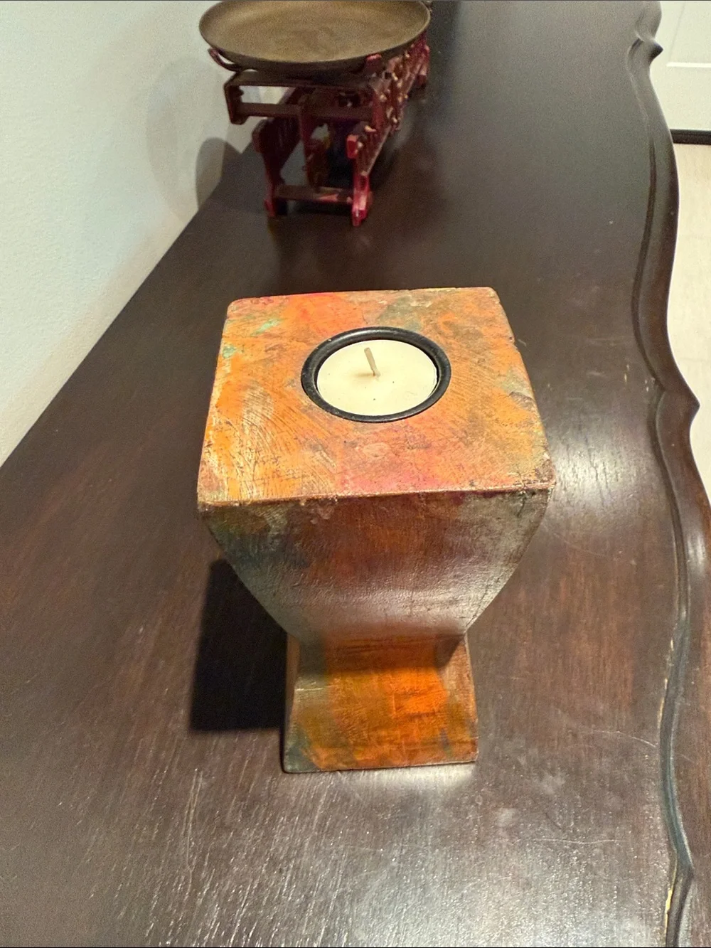 Hand carved solid wood tea light candle holder